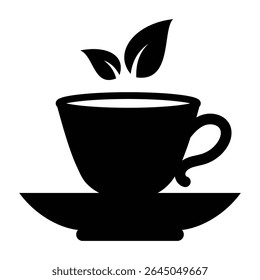 Tea cup icon. Herbal tea leaves vector illustration. Coffee mug icon sign symbol design. Tea cup icon, vector silhouette symbol isolated on white background. Vector illustration.