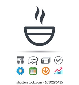 Tea cup icon. Hot coffee drink symbol. Statistics chart, chat speech bubble and contacts signs. Check web icon. Vector