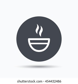 Tea cup icon. Hot coffee drink symbol. Flat web button with icon on white background. Gray round pressbutton with shadow. Vector