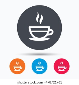 Tea cup icon. Hot coffee drink symbol. Colored circle buttons with flat web icon. Vector