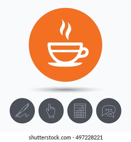 Tea cup icon. Hot coffee drink symbol. Speech bubbles. Pen, hand click and chart. Orange circle button with icon. Vector
