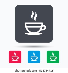 Tea cup icon. Hot coffee drink symbol. Colored square buttons with flat web icon. Vector