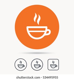 Tea cup icon. Hot coffee drink symbol. Orange circle button with web icon. Star and square design. Vector