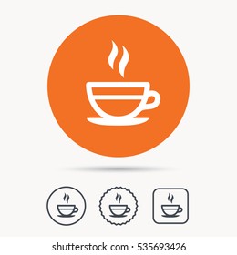 Tea cup icon. Hot coffee drink symbol. Orange circle button with web icon. Star and square design. Vector