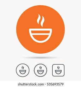 Tea cup icon. Hot coffee drink symbol. Orange circle button with web icon. Star and square design. Vector