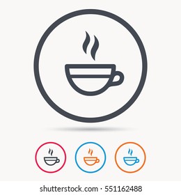Tea cup icon. Hot coffee drink symbol. Colored circle buttons with flat web icon. Vector