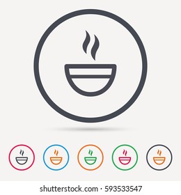 Tea cup icon. Hot coffee drink symbol. Round circle buttons. Colored flat web icons. Vector