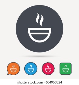 Tea cup icon. Hot coffee drink symbol. Circle, speech bubble and star buttons. Flat web icons. Vector