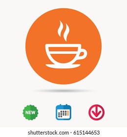 Tea cup icon. Hot coffee drink symbol. Calendar, download arrow and new tag signs. Colored flat web icons. Vector