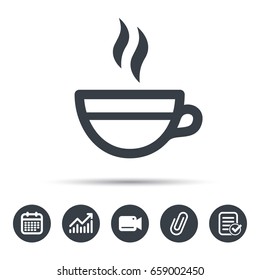 Tea cup icon. Hot coffee drink symbol. Calendar, chart and checklist signs. Video camera and attach clip web icons. Vector
