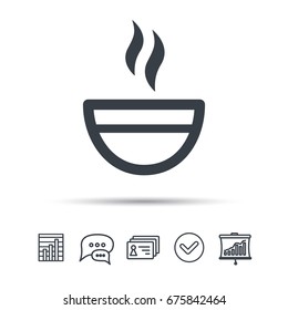 Tea cup icon. Hot coffee drink symbol. Chat speech bubble, chart and presentation signs. Contacts and tick web icons. Vector