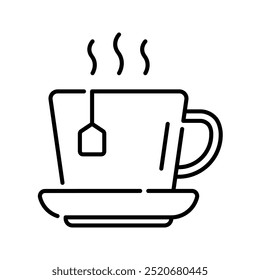 Té, taza de té, bebida caliente, bolsita de té, taza, bebida, taza, vidrio, hierba, saludable. Ilustración de icono de Vector