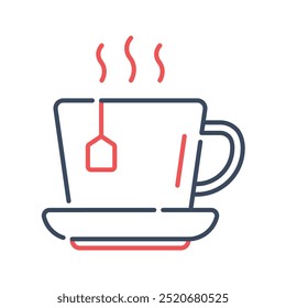 Té, taza de té, bebida caliente, bolsita de té, taza, bebida, taza, vidrio, hierba, saludable. Ilustración de icono de Vector