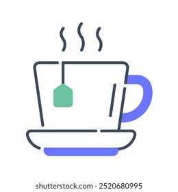 Té, taza de té, bebida caliente, bolsita de té, taza, bebida, taza, vidrio, hierba, saludable. Ilustración de icono de Vector