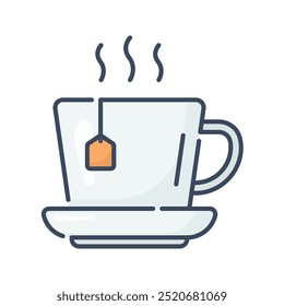 Té, taza de té, bebida caliente, bolsita de té, taza, bebida, taza, vidrio, hierba, saludable. Ilustración de icono de Vector