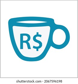 Teebecher Symbol oder Logo einzeln Symbol mit brasilianischem Real Currency Icon. brasilianische Währungs-, Geschäfts-, Zahlungs- und Finanzkomponente. Kann für Web, Mobile, Infografik und Print verwendet werden.