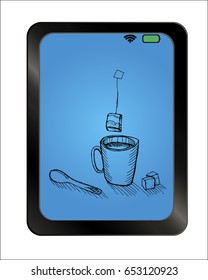 Tea cup icon on background plate. Free hand drawn. Vector illustration.