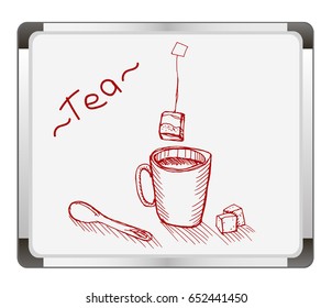 Tea cup icon on flip chart background. Free hand drawn. Vector illustration.