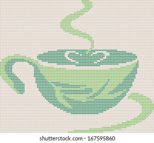 Tea cup icon on knitted background