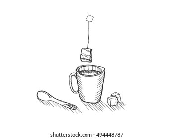 Tea cup icon on white background. Free hand drawn. Vector illustration.