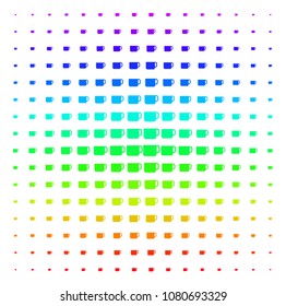 Tea Cup icon rainbow colored halftone pattern. Vector tea cup symbols arranged into halftone grid with vertical rainbow colors gradient. Designed for backgrounds, covers and abstract compositions.