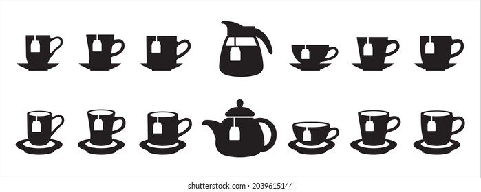 Tea cup icon set. Tea bag brewing cup vector icons set. Teapot brew icon vector stock illustration