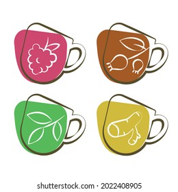 Tea cup icon set. Ginger, jasmine, berry, hibiscus, rose hip tea. Organic drink menu. Line art concept, simply shapes. Vector illustration on white background, isolated