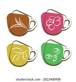 Tea cup icon set. Ginger, jasmine, berry, hibiscus, rose hip tea. Organic drink menu. Line art concept, simply shapes. Vector illustration on white background, isolated