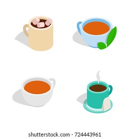 Tea cup icon set. Isometric set of tea cup vector icons for web isolated on white background