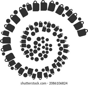 Tea cup icon spiral cycle mosaic. Tea cup symbols are shaped into whirlpool mosaic structure. Abstraction spiral is designed from scattered tea cup items.