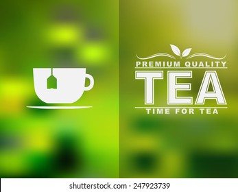 Tea cup icon and text design with a blurred background. Vector illustration. 