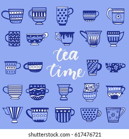 Tea cup icons. Hand drawn isolated on color background