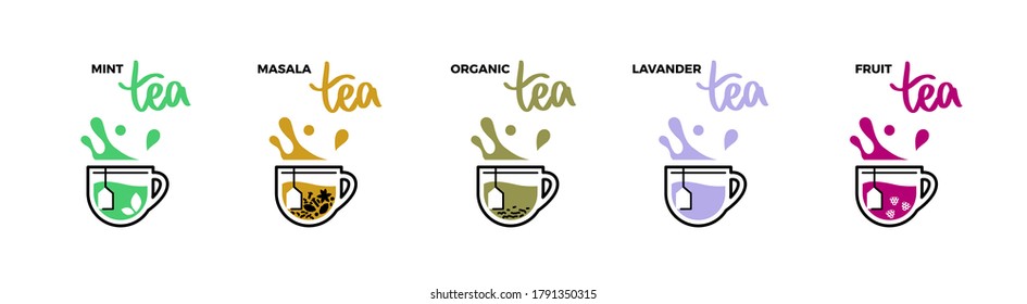 Tea cup icons, hot drink with splashes and droplets. Mint, lavender, fruit, masala and organic tea menu, all kind of tea with names and lettering. Simple line vector illustration as logotype or emblem