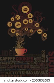 tea cup illustration with all elements of cafe. 