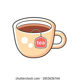 Tea cup isolated with tea bag label cartoon vector