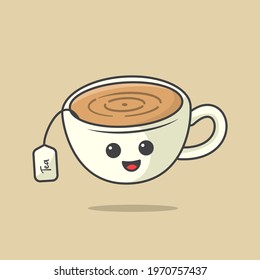 Tea Cup Kawaii Illustration, Cute kawaii illustration, caharacter icon design