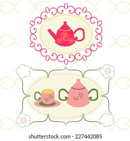 Tea cup and kettle card.  label. Tea cup and pot label set in vintage style.