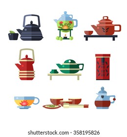 Tea Cup and Kettle Set. Flat Vector Illustration Collection
