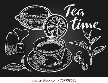 Tea cup, leaf, tea bag, lemon and sugar. Tea ceremony. Vintage vector engraving illustration for web, poster, Tea Shop. Hand drawn design element isolated on black background.