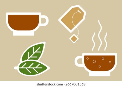 Xícara de chá, folha e saco de chá. Adesivos embalados em um fundo bege. Ilustração vetorial, ícones em estilo plano.
