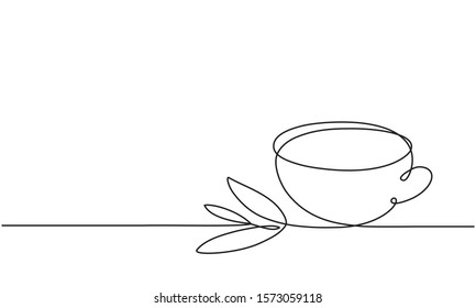 Tea Cup And Leaf. Continuous Line Drawing. Sketch. Herb Tea