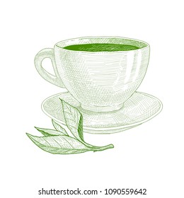 Tea cup and tea leaf hand drawn sketch.