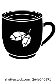Xícara de chá com folhas desenhadas nele - imagem de silhueta vetorial para logotipo, pictograma ou estêncil. Estêncil de xícara de chá
