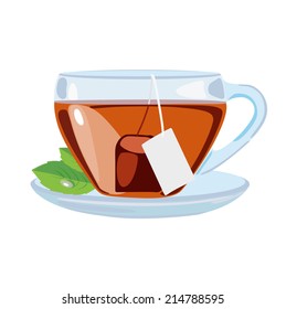 tea cup with leaves flat design on white background