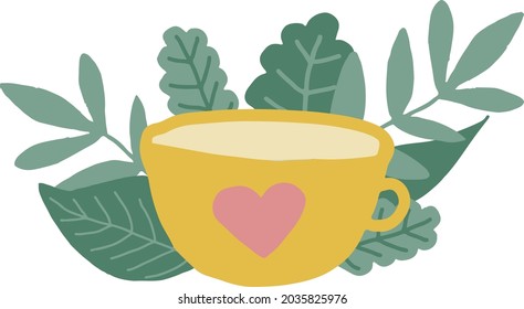 taza de té y hojas dibujadas a mano en color de tendencia 2021. higge escandinavo. hogar acogedor
