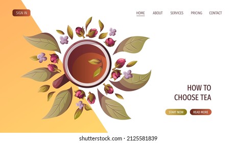 Tea cup with leaves and ingredients. Tea shop, cafe-bar, tea lover, tea party, kitchen concept. Vector illustration for poster, banner, website, menu, advertising. 