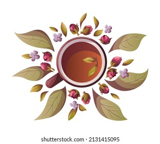 Tea cup with leaves and ingredients. Tea shop, cafe-bar, tea lover, tea party, kitchen concept. Vector illustration for poster, banner, website, menu, advertising. 