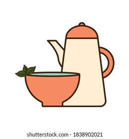 Tea cup with leaves and kettle line and fill style icon design, Time drink breakfast and beverage theme Vector illustration