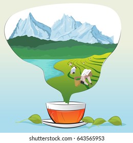 Tea cup with leaves and tea plantations in form of steam
