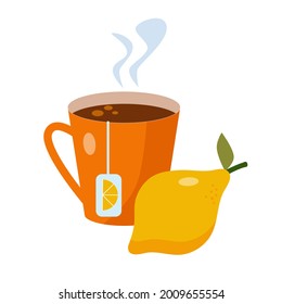 Tea cup with lemon and tea bag. Hot drink with lemon. Flat vector illustration. 